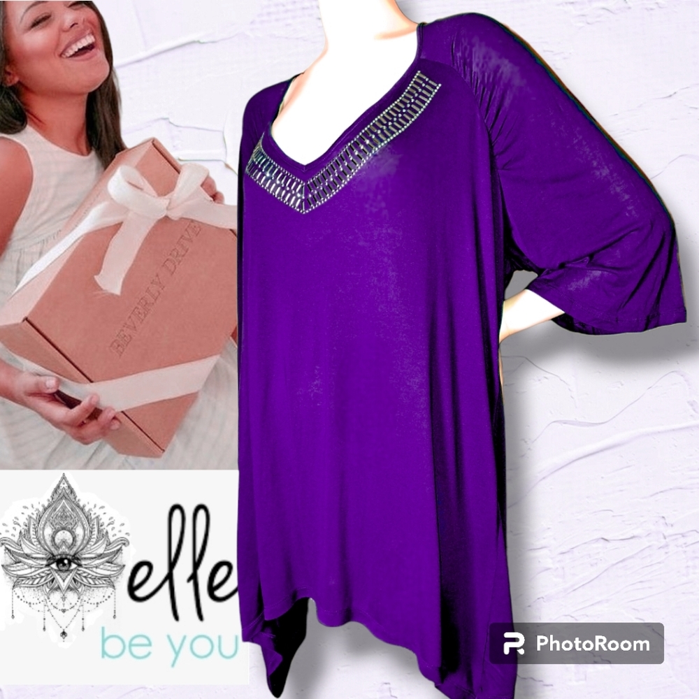 NWT Beverly Drive Designer Purple EMBELLISHED Plus Size Blouse (24W-26W) 3X 4X